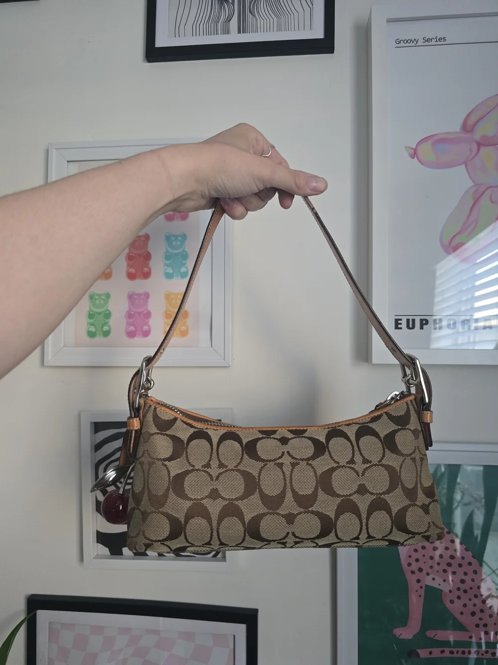 Coach East West Signature Baguette Y2k Shoulder Bag W/Cherry Charm